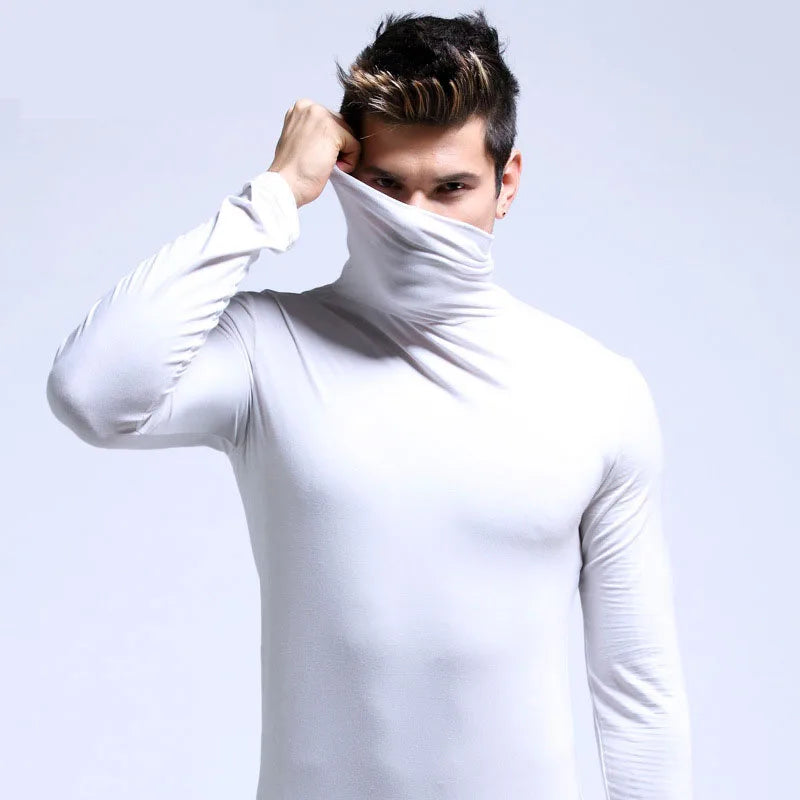 2026 Autumn Winter Men's High Neck T-shirt Slim Fit Fashion High Elastic Long Sleeve Cotton Casual Breathable Apparel Pullover