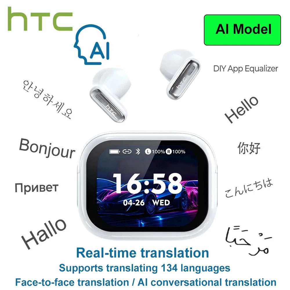 AI Translate Earphone Bluetooth HTC NE68 TWS Earbuds Smart LED Screen HiFi Sound Quality Noise Cancellation Sports Gaming Choice