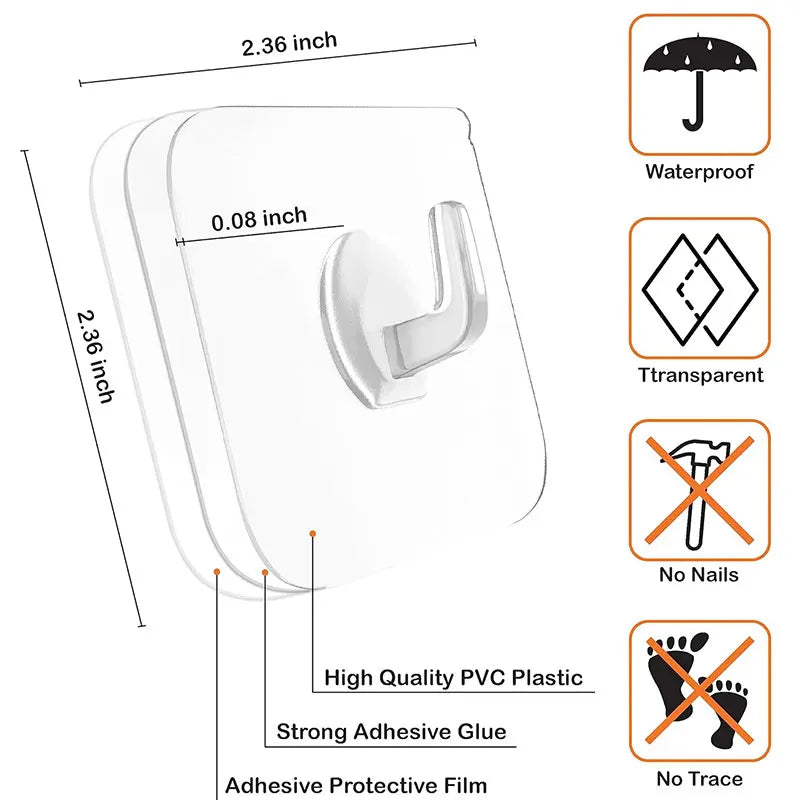 5/10Pcs Reusable Adhesive Hooks Clear Plastic Sticky Hanging Hook Seamless Wall Hook Waterproof for Home Kitchen Bathroom Office