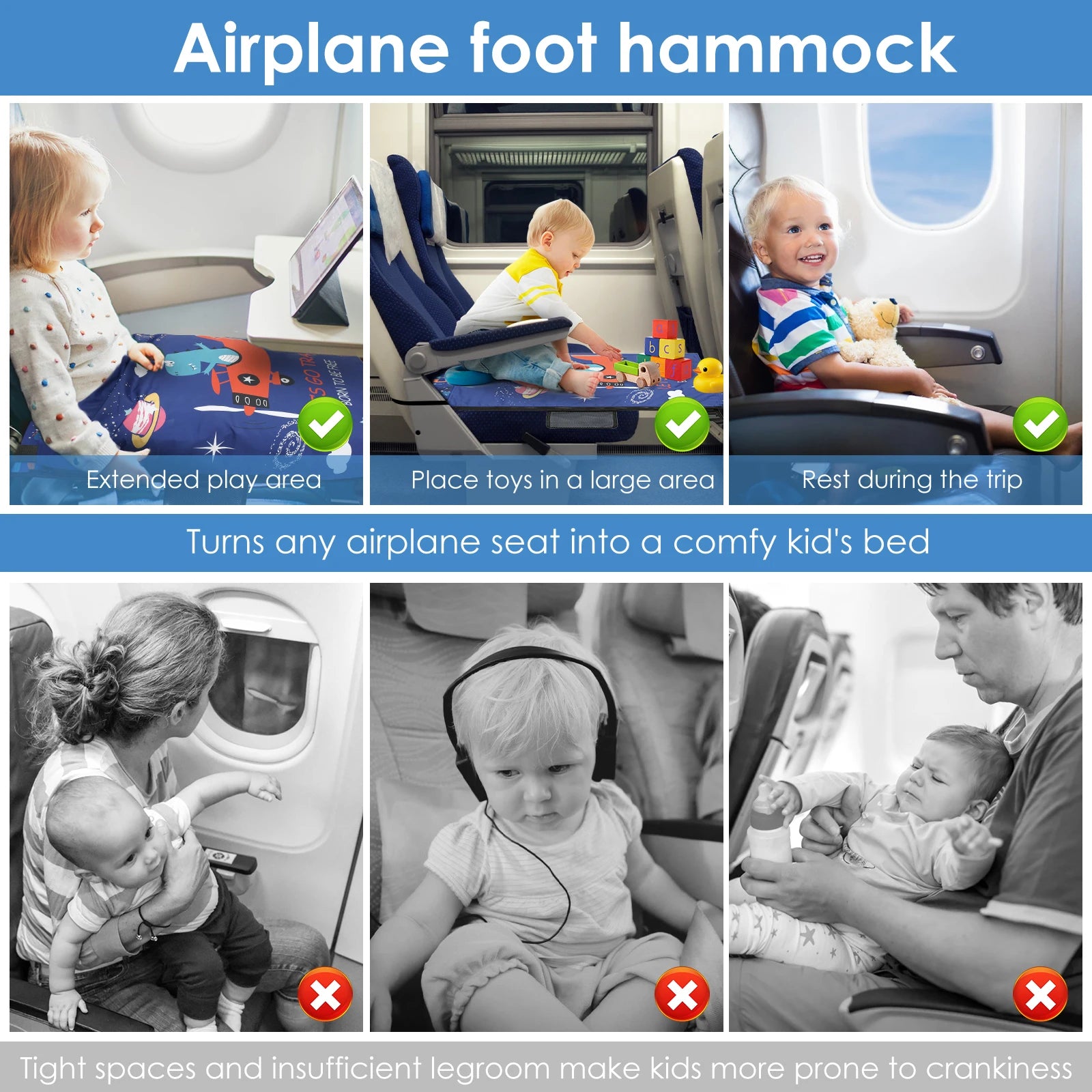 Toddler Travel Airplane Bed with Quilt Portable Children Pedals Beds Breathable Aircraft Hammock Seat Extender Extra Leg Room