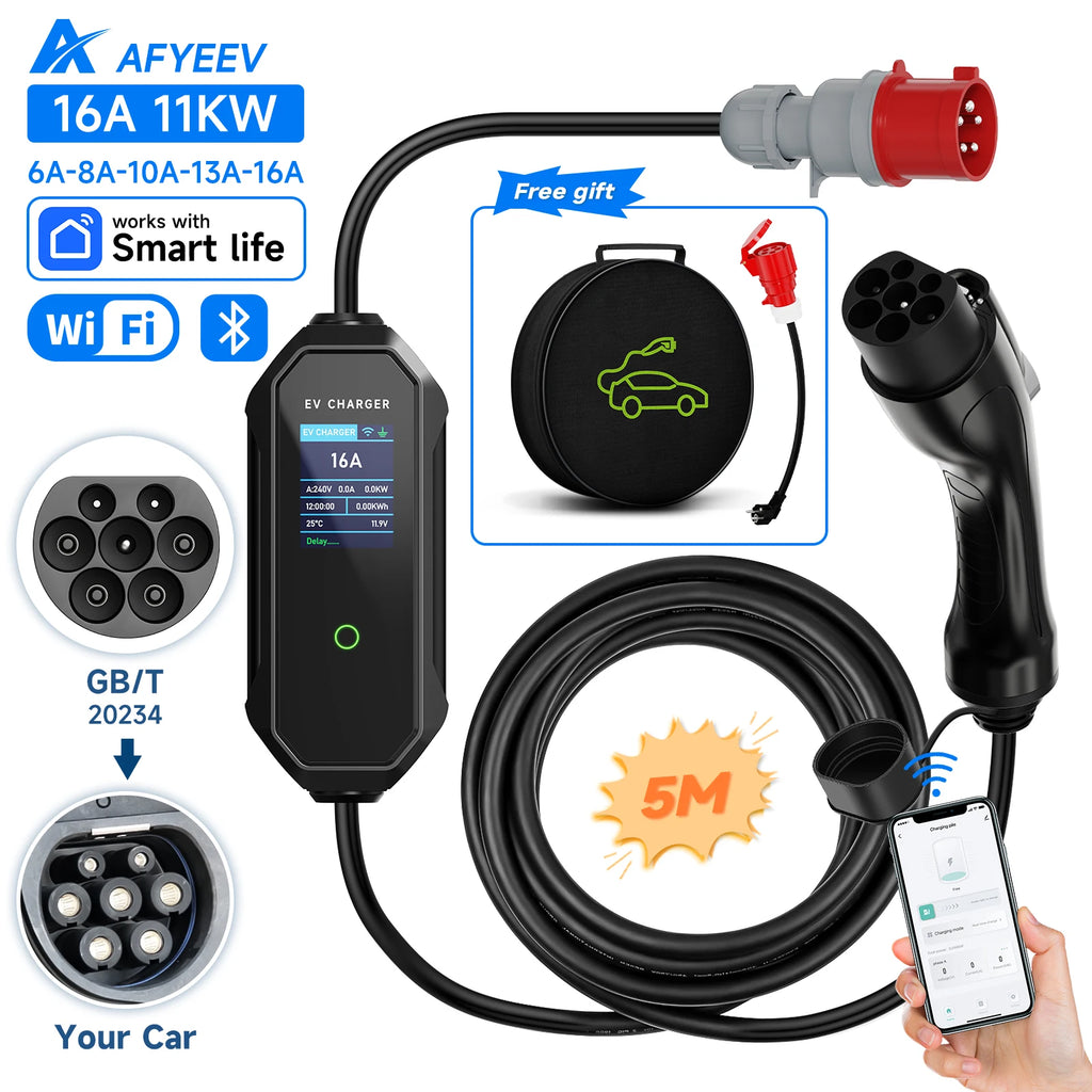 AFYEEV Type2 Portable EV Charger 11KW 16A 3 Phase GBT Electric Car Charger Wi-Fi APP Bluetooth Version Remote Control CEE Plug