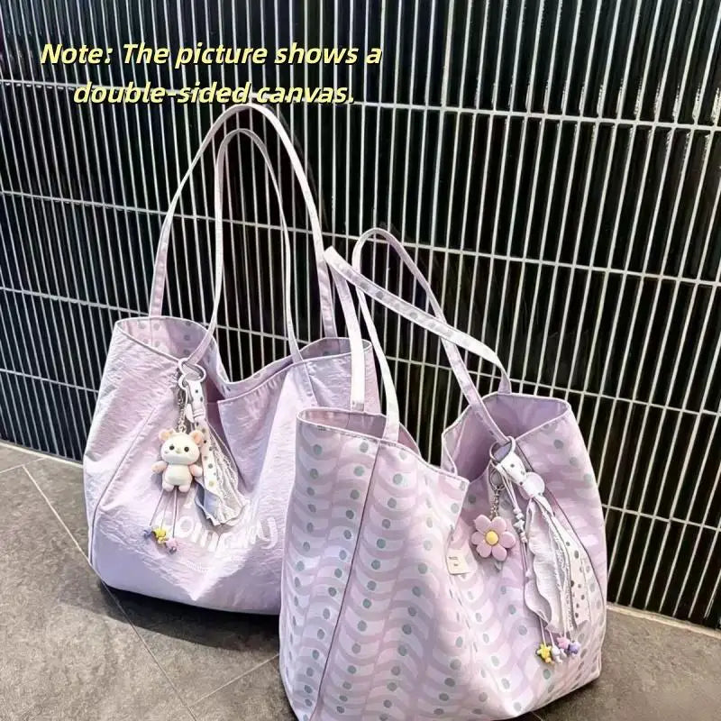 1PCS Korean Style Reversible Canvas Tote Bag Large Capacity Casual Shoulder Bags For Women Student Work Gift Shopping Bags