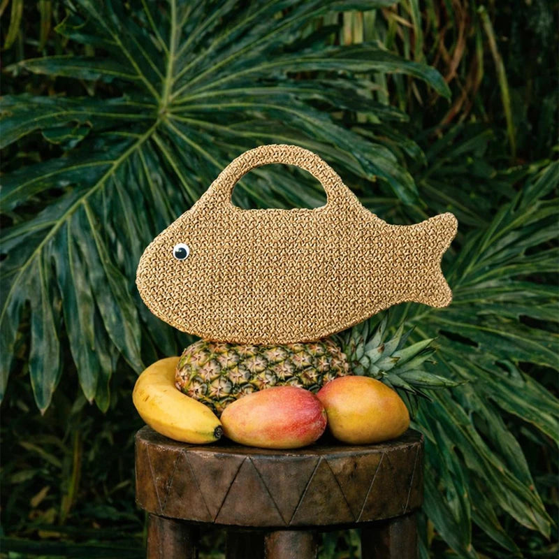 Raffia Straw Woven Bag,Fish Shaped Funny Cute Women Handbag,Spring Summer Boho Beach Vacation Evening Elegant Clutch Purse
