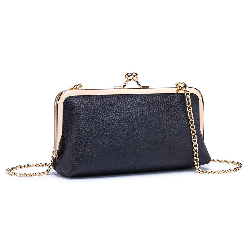 Women's Kiss Lock Clutch Bag, Top Grain Genuine Leather Wallet Large Capacity Travel Clutches with Detachable Chain Strap