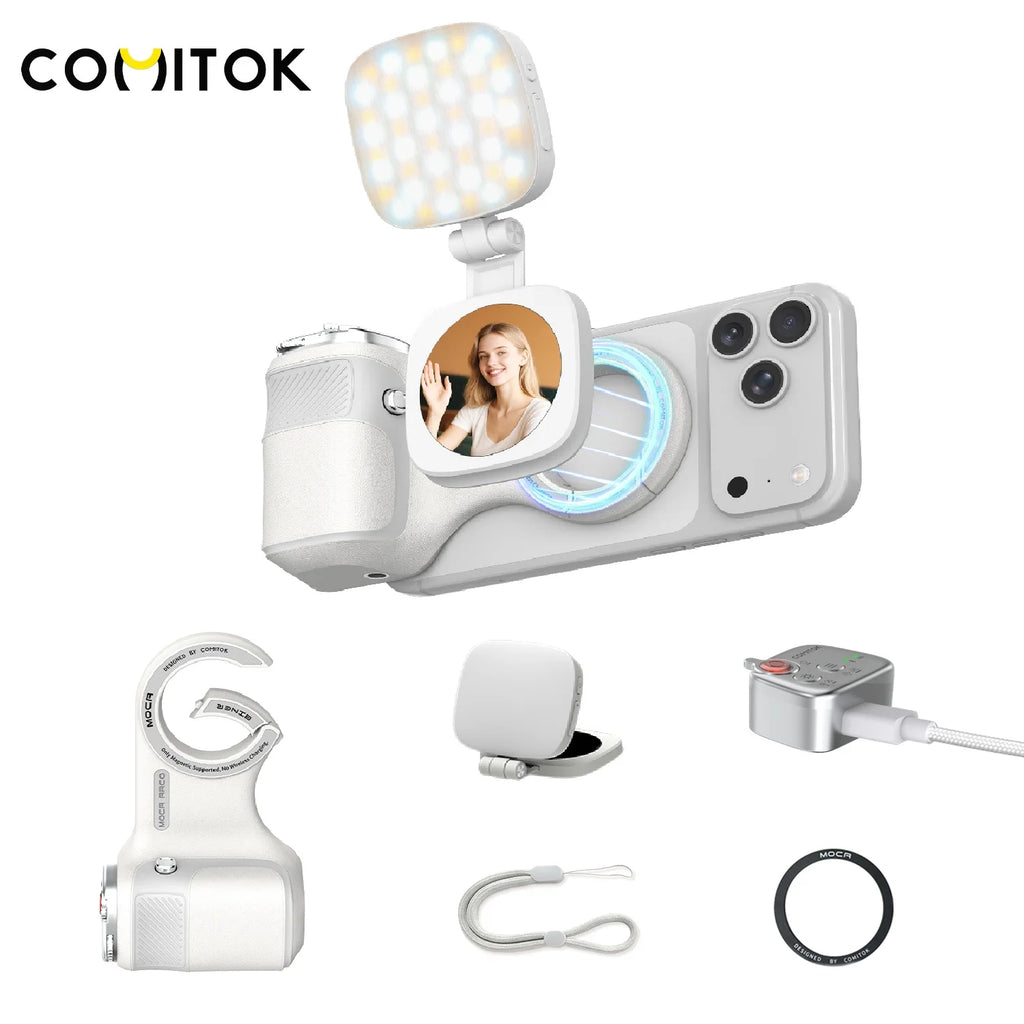 COMITOK ARCO BINER Magnetic Phone Camera Grip with Light for iPhone 17 Detachable Remote Ergonomic Holder for Selfie Vlog Video