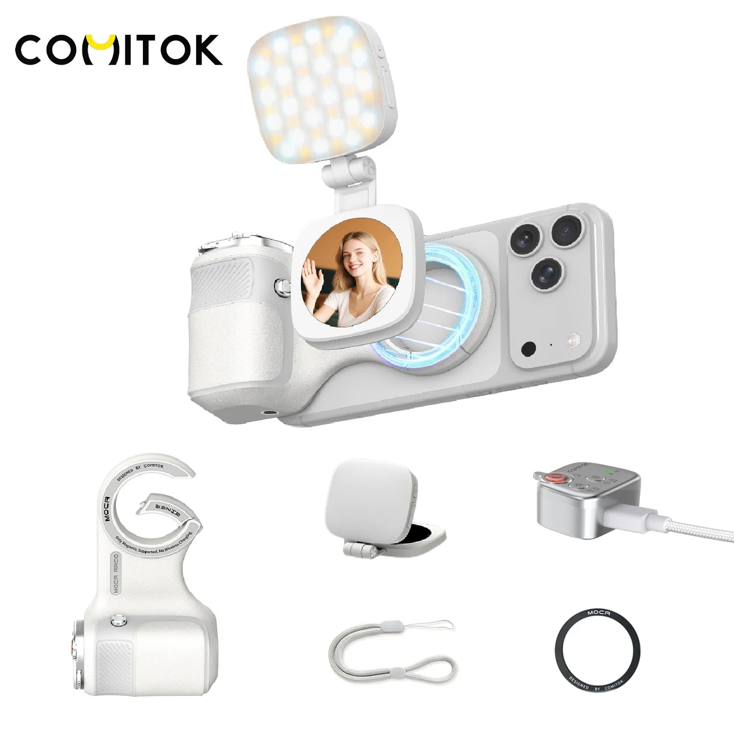 COMITOK ARCO BINER Magnetic Phone Camera Grip with Light for iPhone 17 Detachable Remote Ergonomic Holder for Selfie Vlog Video