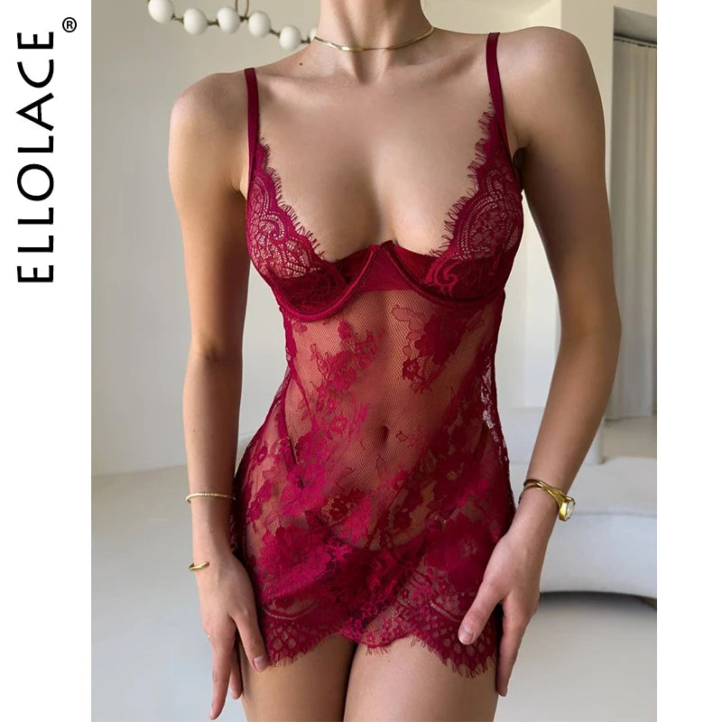 Ellolace Seductive Women's Casual Dresses Tempted Deep V Mini Dress Thong 2PC Hot Sheer Lace Lingerie Sexy Sensual Sleep Gown