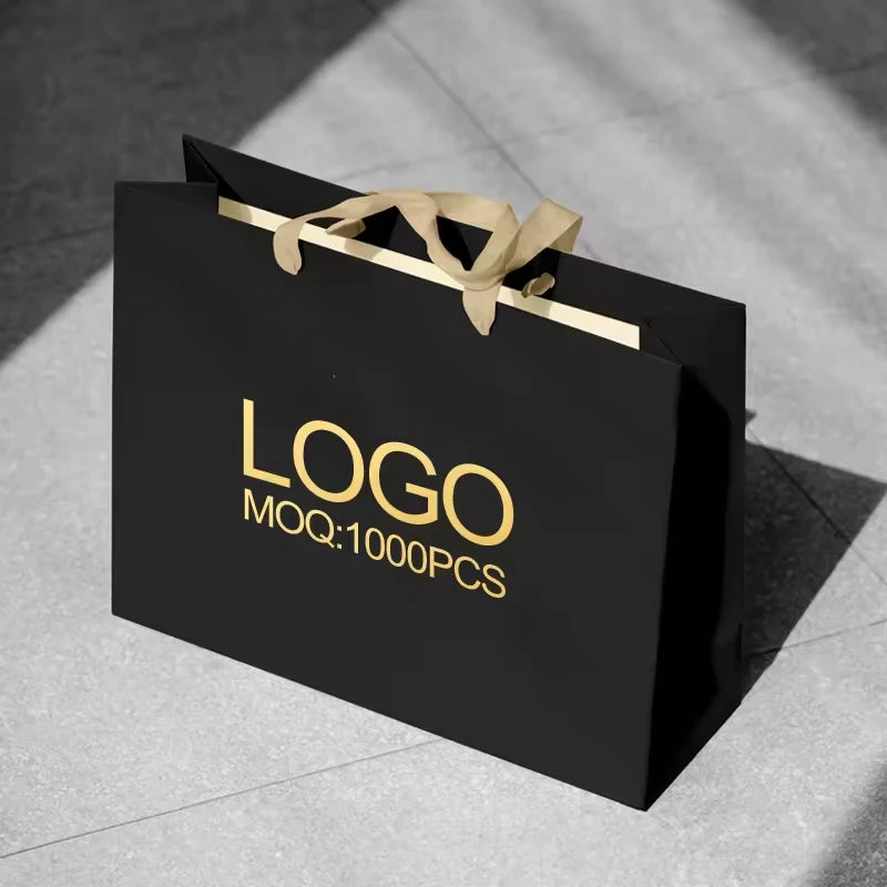 500pcs/lot Custom Luxury Paper Shopping Bags Printed Logo Retail Packaging for Clothing Gifts with Ribbon Handle