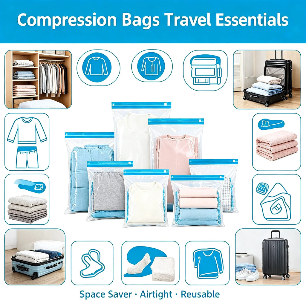 Vacuum Compression Storage Bags Travel Space Saver Hand Roll No Pump Reusable, Waterproof Double Zipper Clothes Organizer 3Sizes