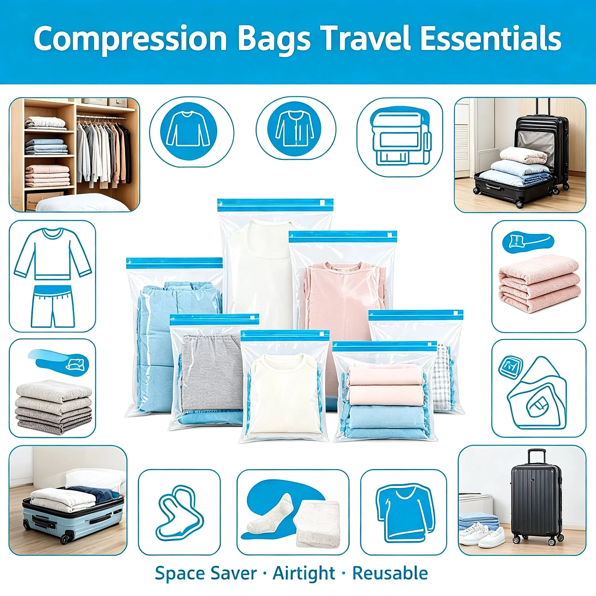 Vacuum Compression Storage Bags Travel Space Saver Hand Roll No Pump Reusable, Waterproof Double Zipper Clothes Organizer 3Sizes