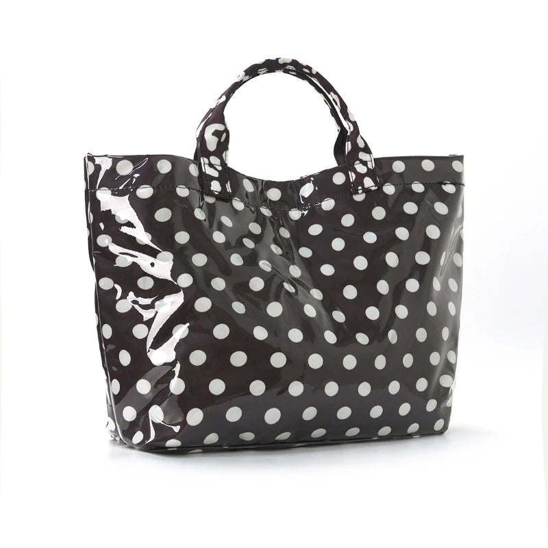 Korean Style Polka Dot Tote Bag PVC Waterproof Large Capacity Handbag Travel Shoulder Bag Shopping Portable Lightweight Casual