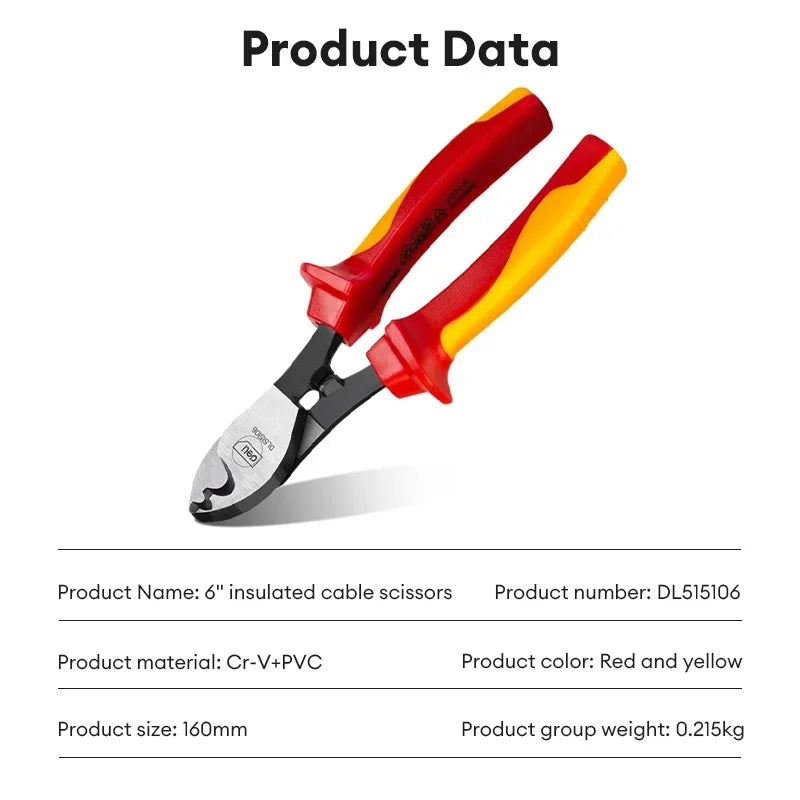 Deli 6/10 Inch VDE Insulated Cable Cutter 1000V Electrician Wire Stripper Pliers Multifunctional Industrial Tools Cable Shear