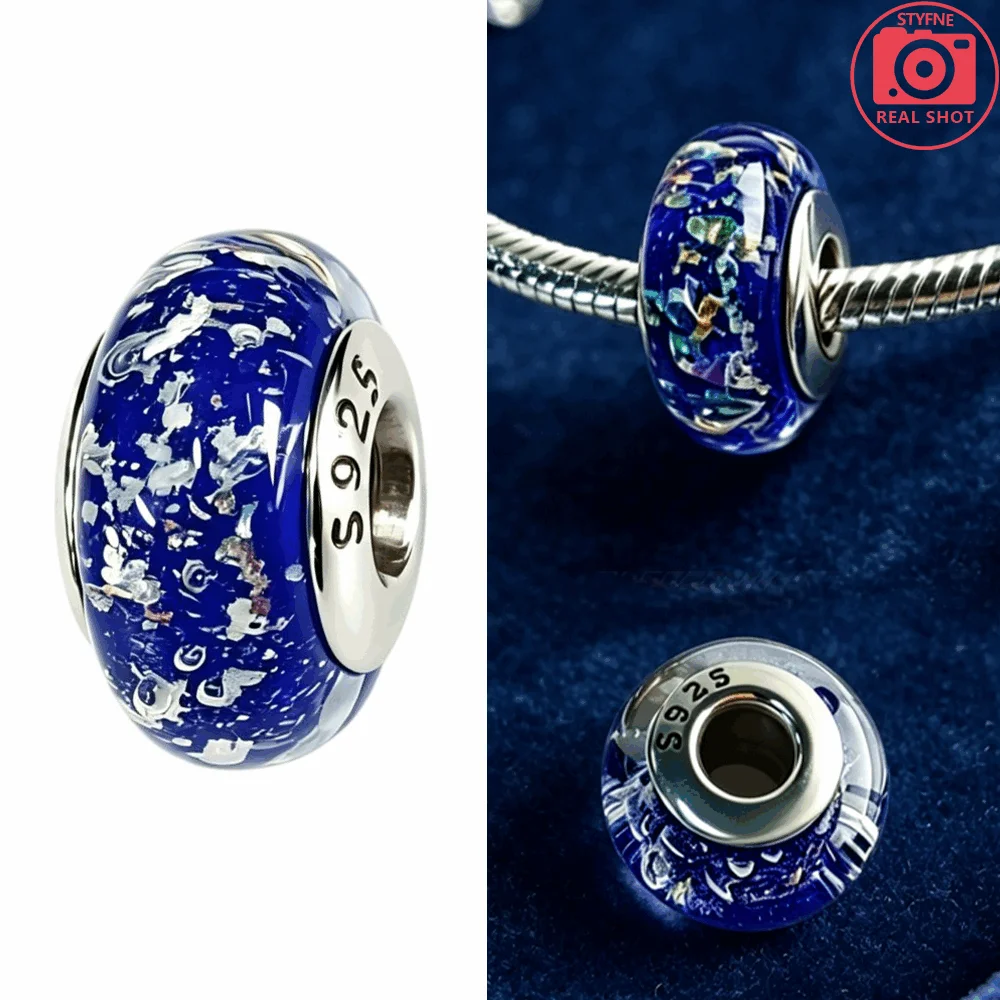 Silver-Plated Red White Stripe Glass Charms Beads Fit Original Bracelet Bag Keychain Charms Beads Pendant Diy Women Jewelry Gift