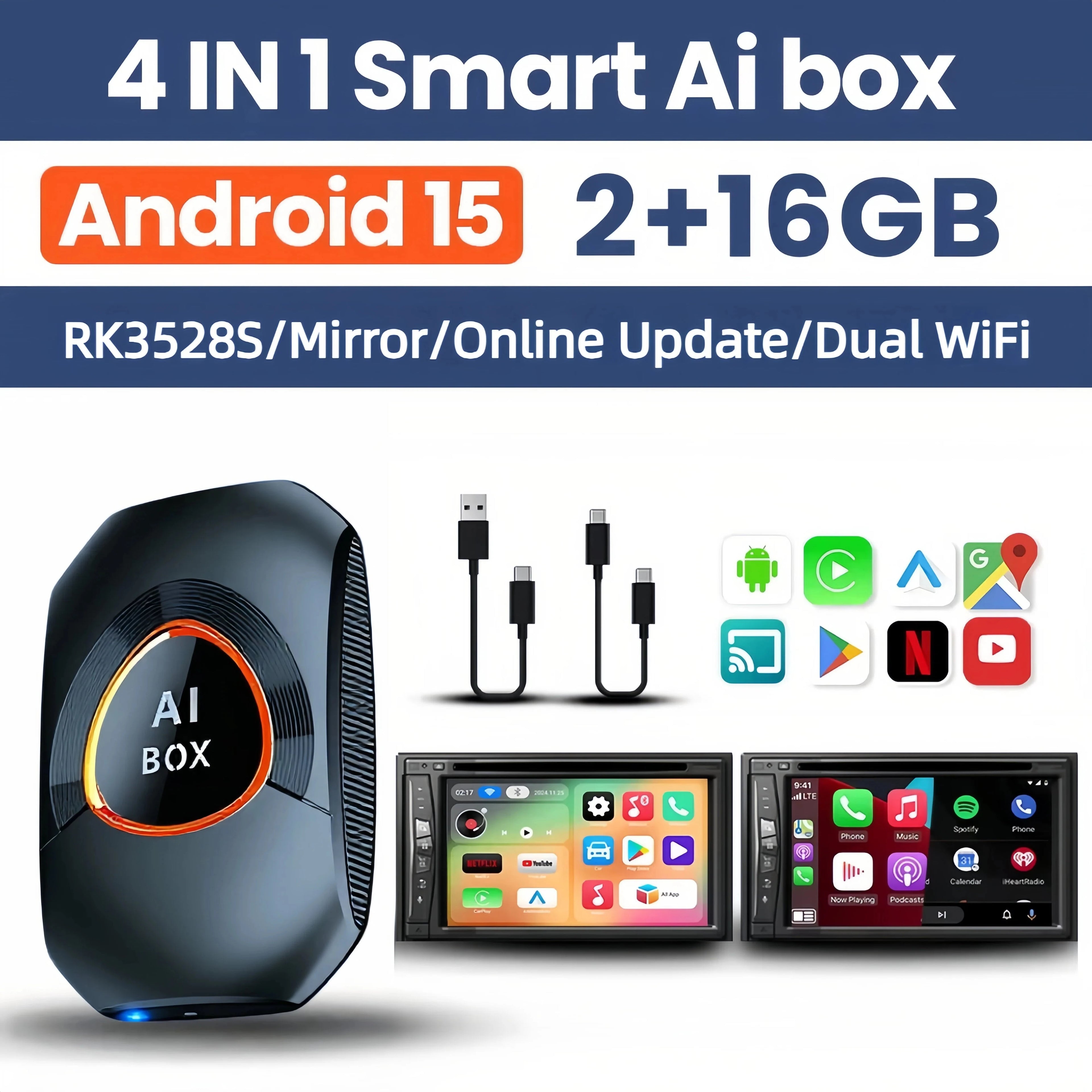 Android 15 Carplay AI Box Wireless Carplay Android Auto Support Netflix Youtube For VW Toyota Mazda Hyundai Ford Haval GMC Audi