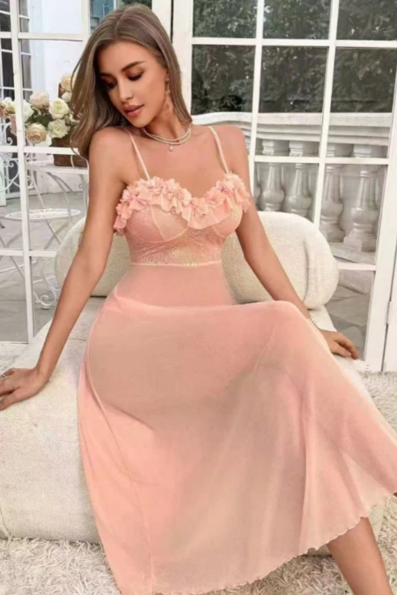 2026 Summer New Style Three-dimensional Lace Pajamas Dress Pure Color Mesh Lace Camisole Nightgown See-through Sexy Lingerie