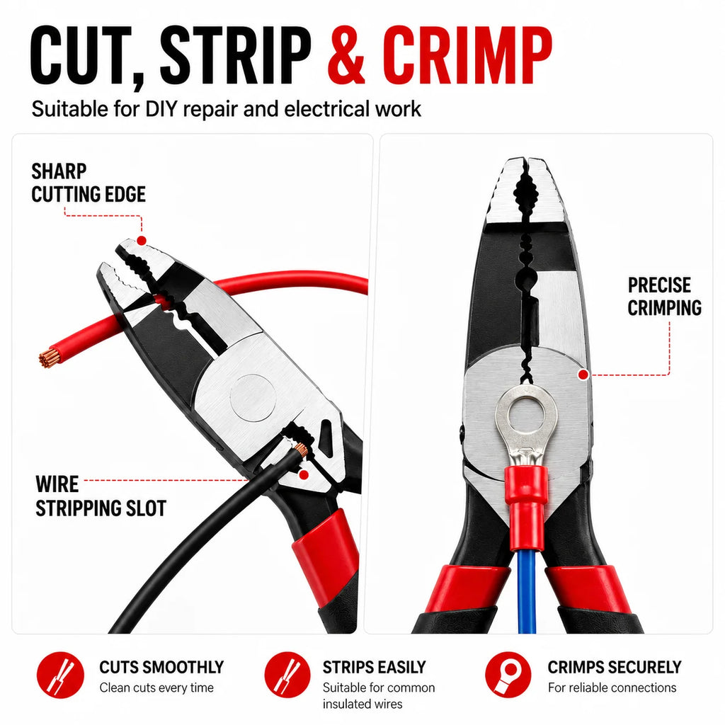 Multi-Disassembly Pliers, Stripped Damaged Screw Remover, Wire Cutter Crimper for Home Electrical Repair, Anti-Slip Grip