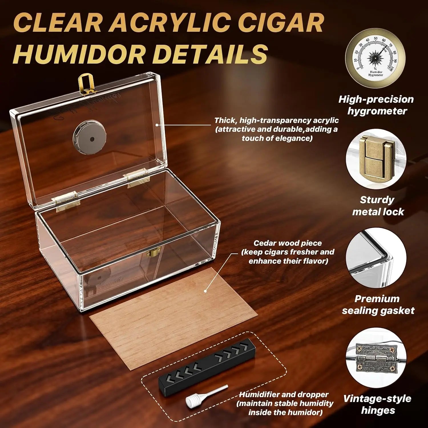 Acrylic Desktop Cigar Humidor with Hygrometer&Humidifier, Humidor Kit Include Cigar Cutter Cigar Punch Cedar Wood Piece