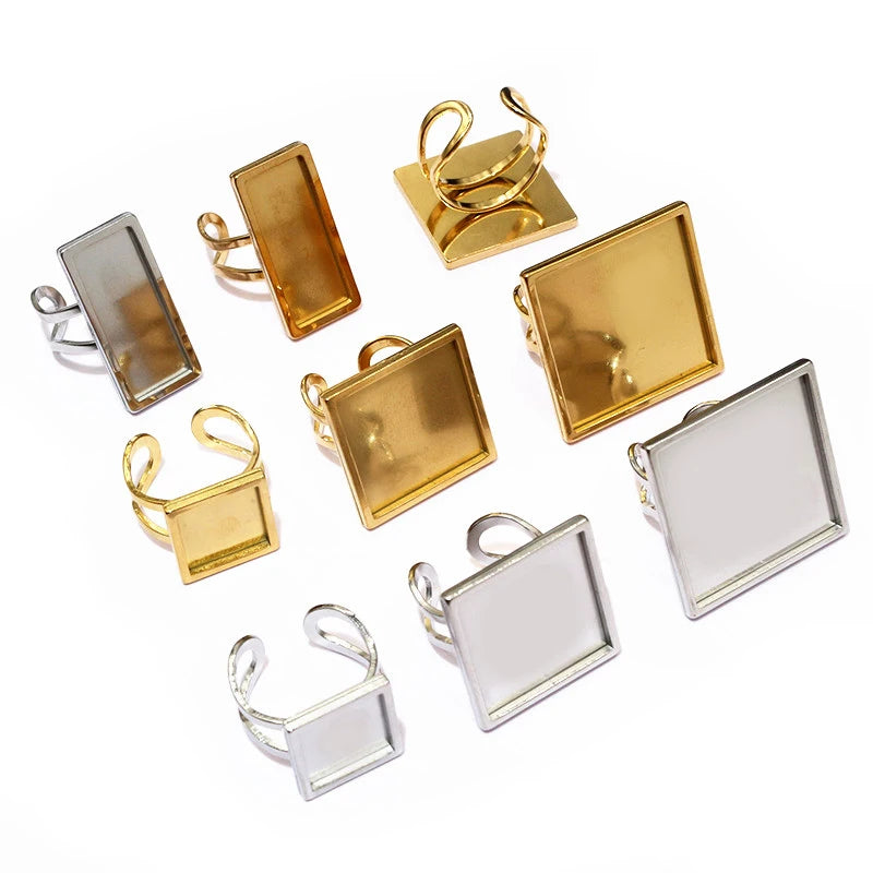 5pcs Stainless Steel Square Rectangle Thick Adjustable Ring Blank Base Settings ,Fit 12/20/25mm Cabochons DIY Rings Bezel Tray