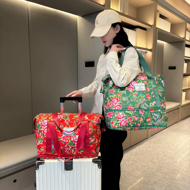 Travel Bag Northeast Big Flower Simple Business Trip Shoulder Bag Fitness Sports Storage Bag Expandable Unisex Oxford Cloth