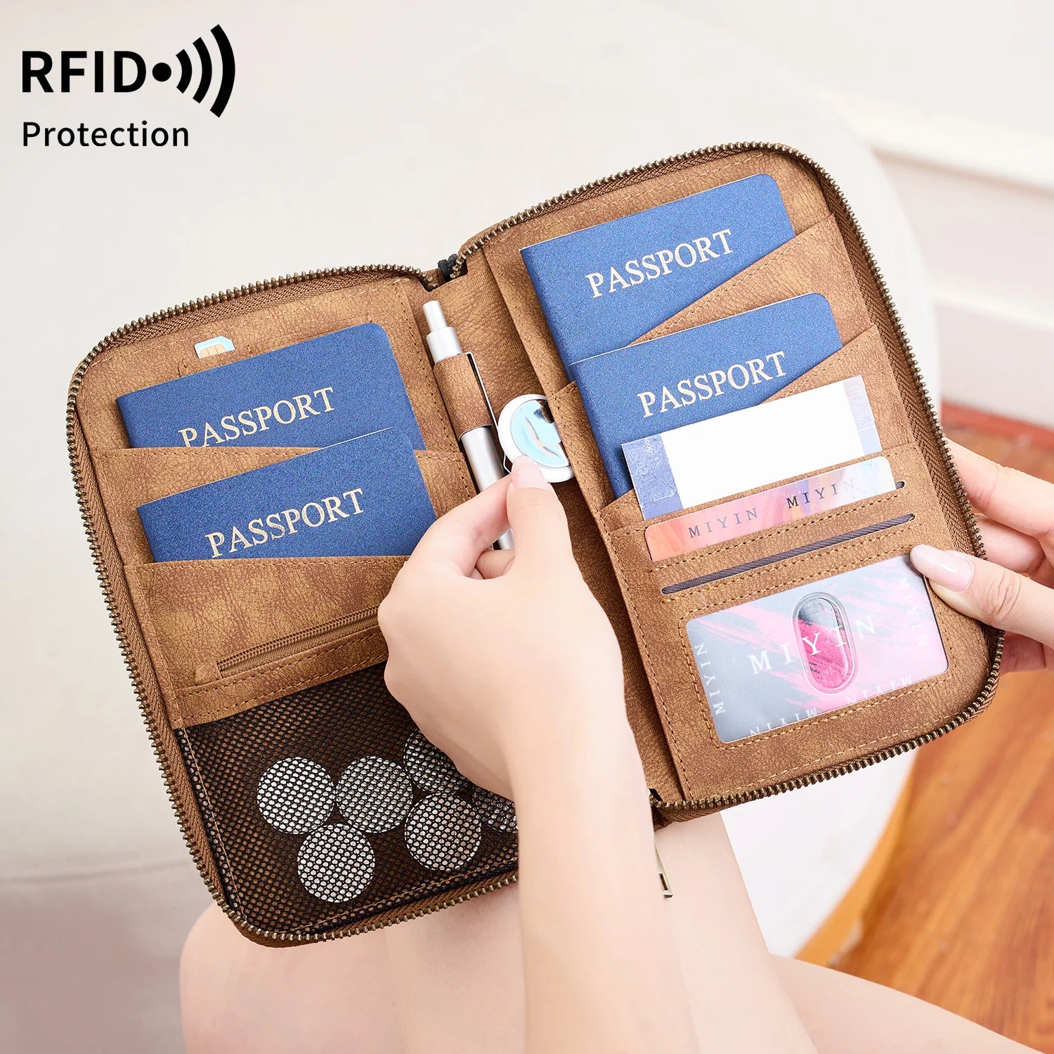 Travel Family Passport Holder RFIDShielded Large-Capacity Document Zippered Storage Wallet PU Clutch Bag Unisex Travel Accessory
