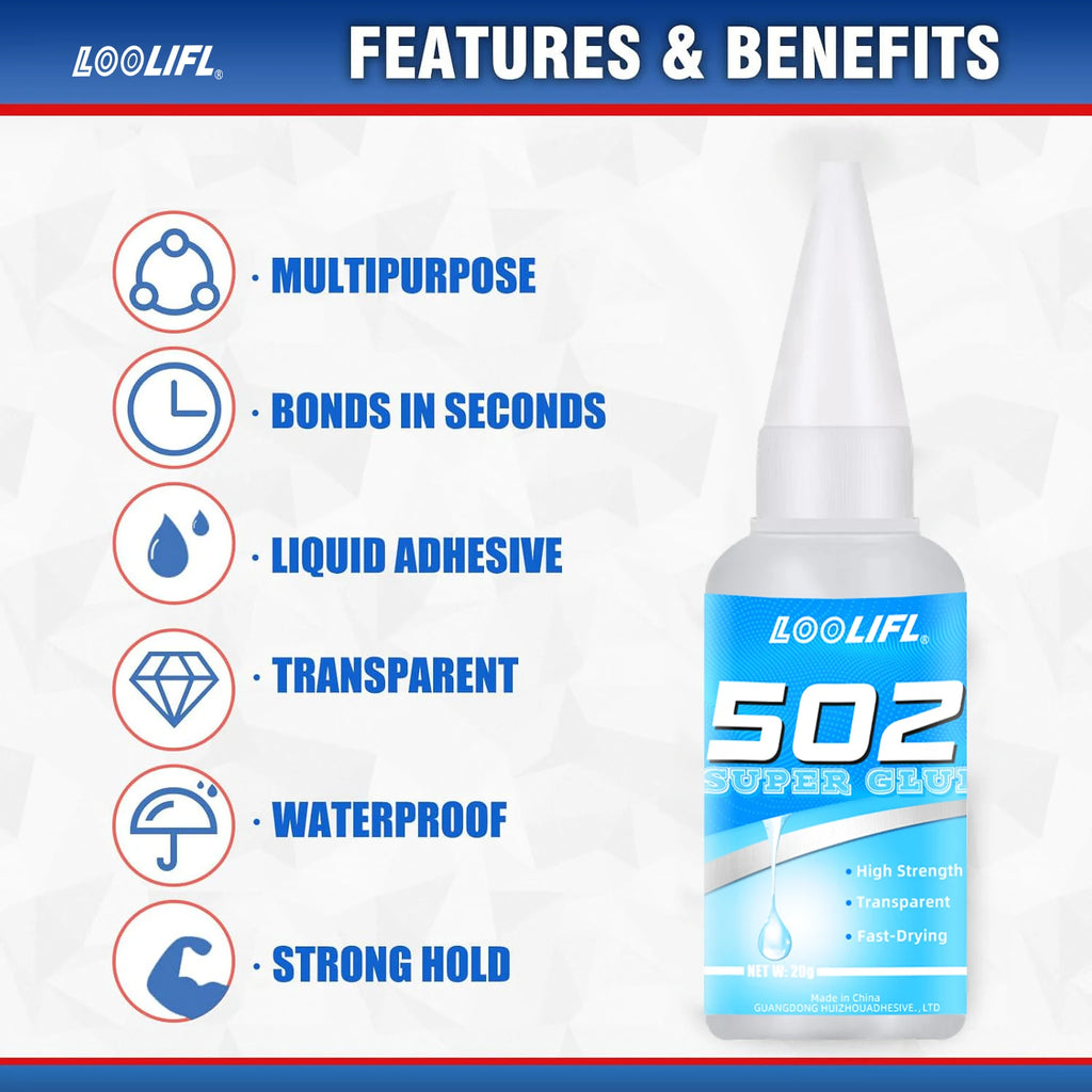 LOOLIFL 502 Super Glue Fast Drying Instant Adhesive High Strength Clear Glue for Plastic Metal Ceramic Glass Repair DIY Craft