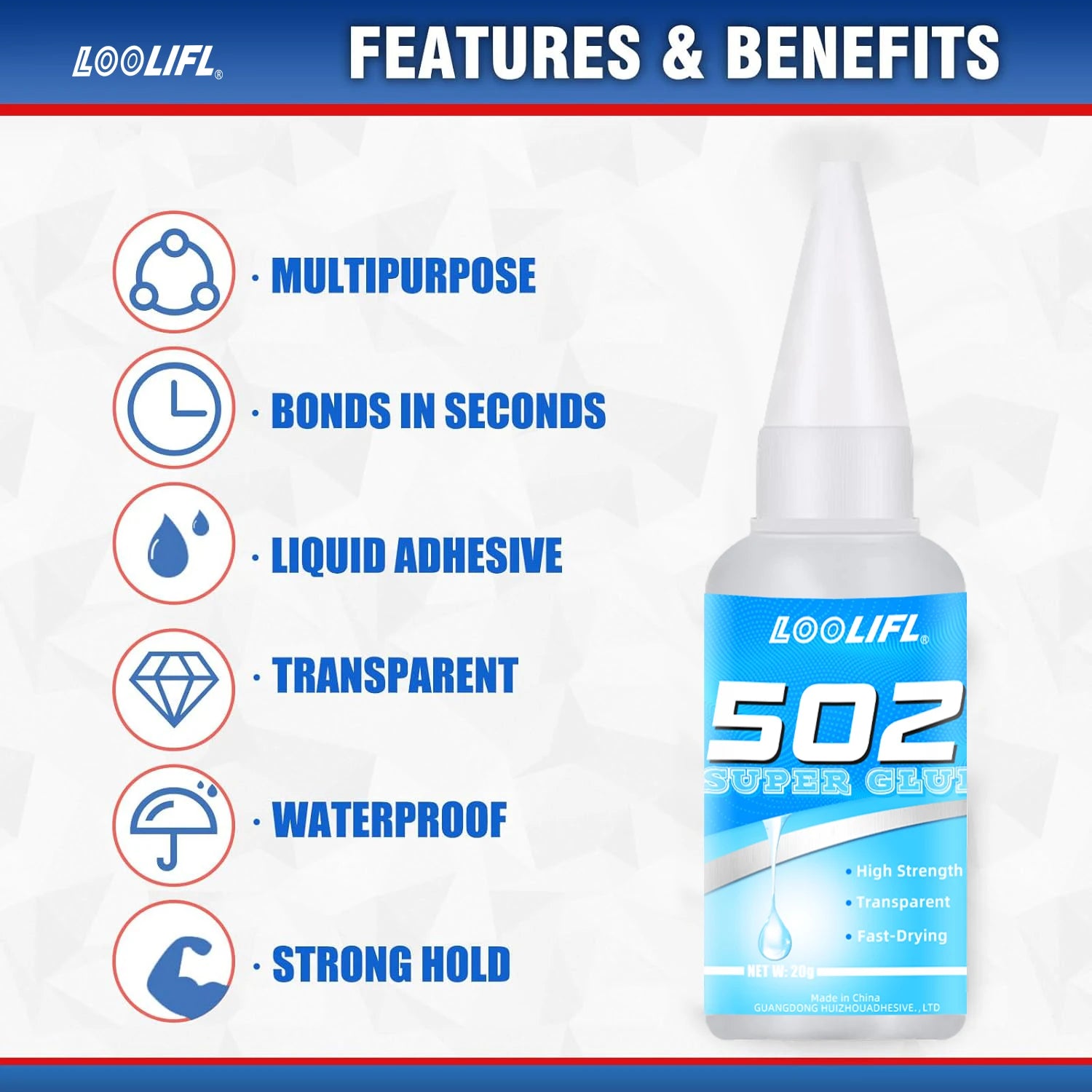 LOOLIFL 502 Super Glue Fast Drying Instant Adhesive High Strength Clear Glue for Plastic Metal Ceramic Glass Repair DIY Craft