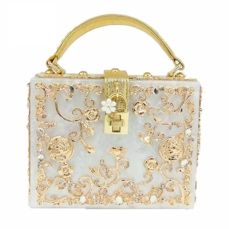 Luxury Designer Shimmer Acrylic Box Glitter Rhinestones Diamond Evening Bag Wedding Party Clutch Purse Shoulder Messenger Bag