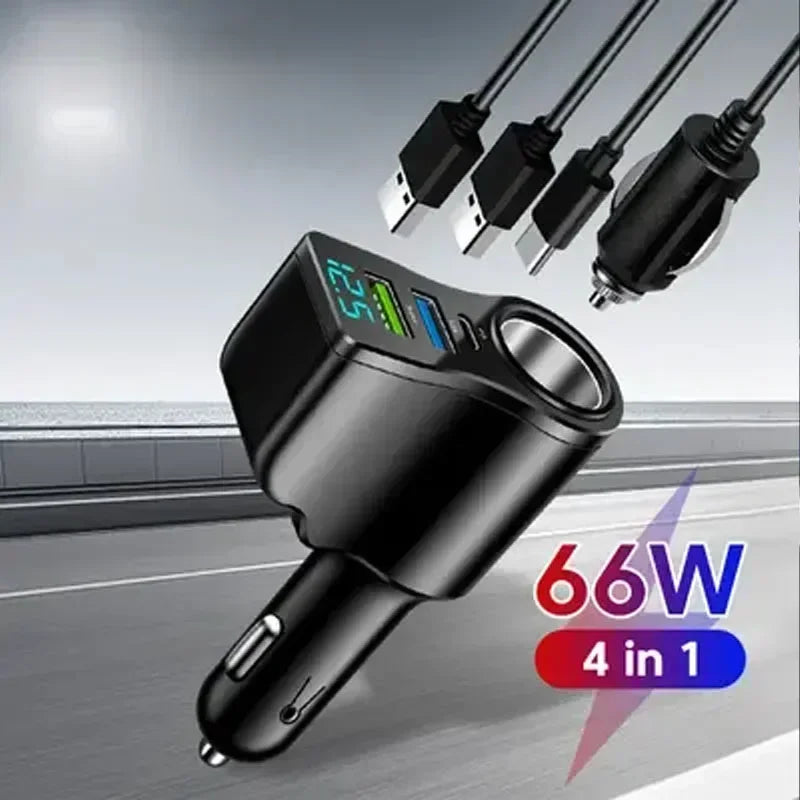 New Digital Display Car Fast Charging Dual USB Car Charger One to Three Cigarette Lighter 66W Car Multifunctional Charger