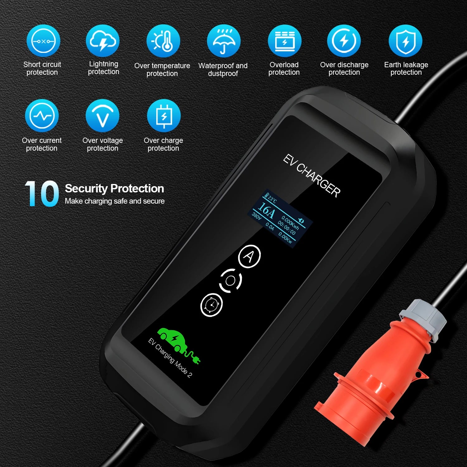 Portable 11KW 16A EV Portable Charger Type2 IEC62196-2 EVSE Charging Box Electric Vehicle PHEV Cars Charger CEE Plug 5M Cable