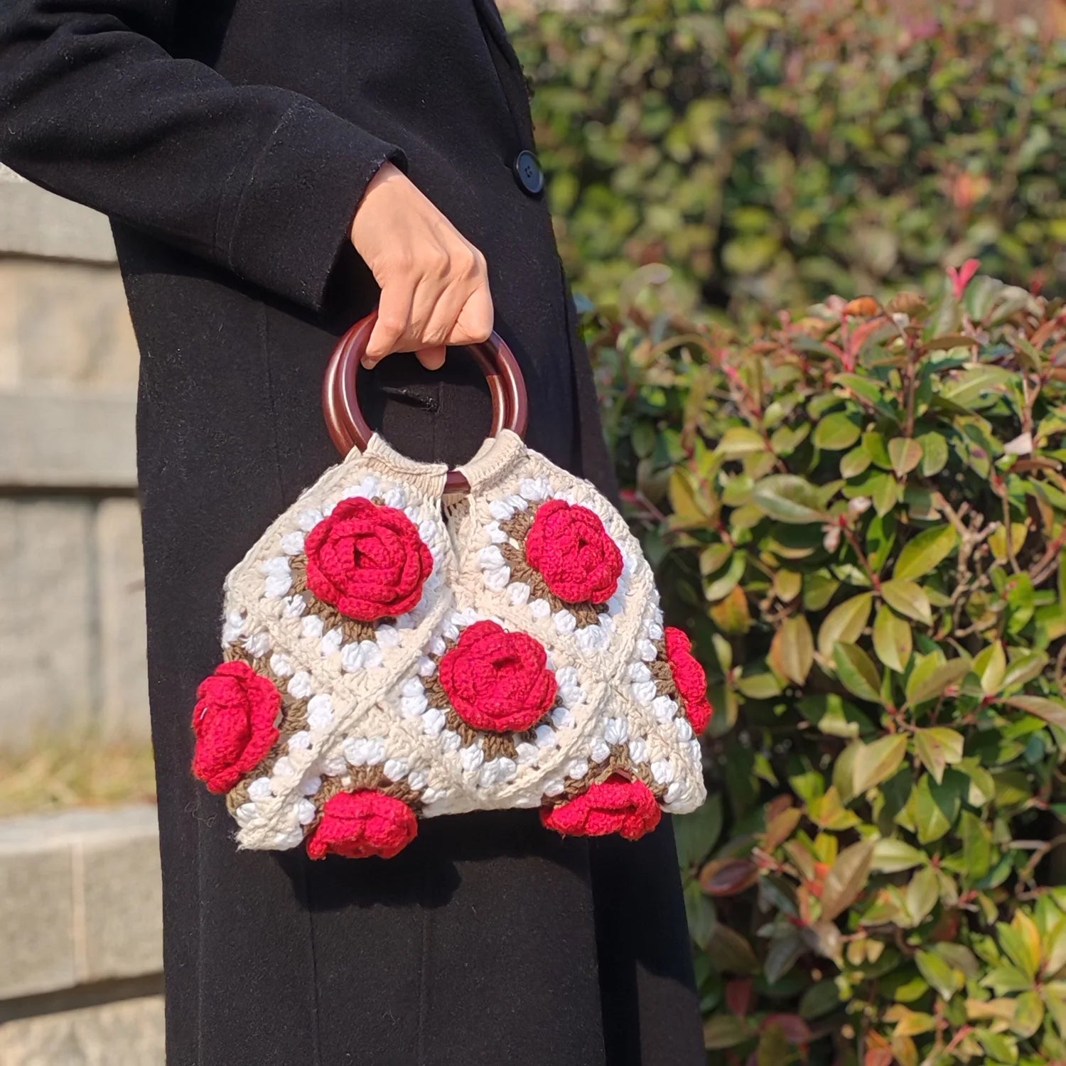 Handmade Crochet Rose Bag | Boho Floral Handbag with Wooden Handles | Summer Casual Tote