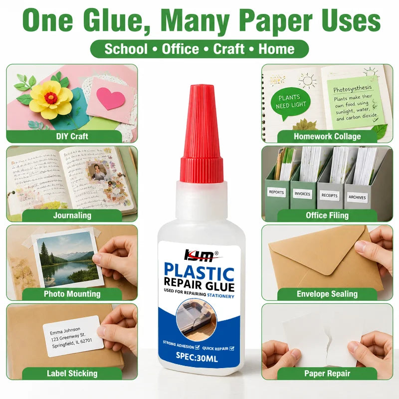 KJM 30ML Multi-Use Repair Glue for Plastic & Paper Strong Adhesive for School Office Crafts And Photo Mounting