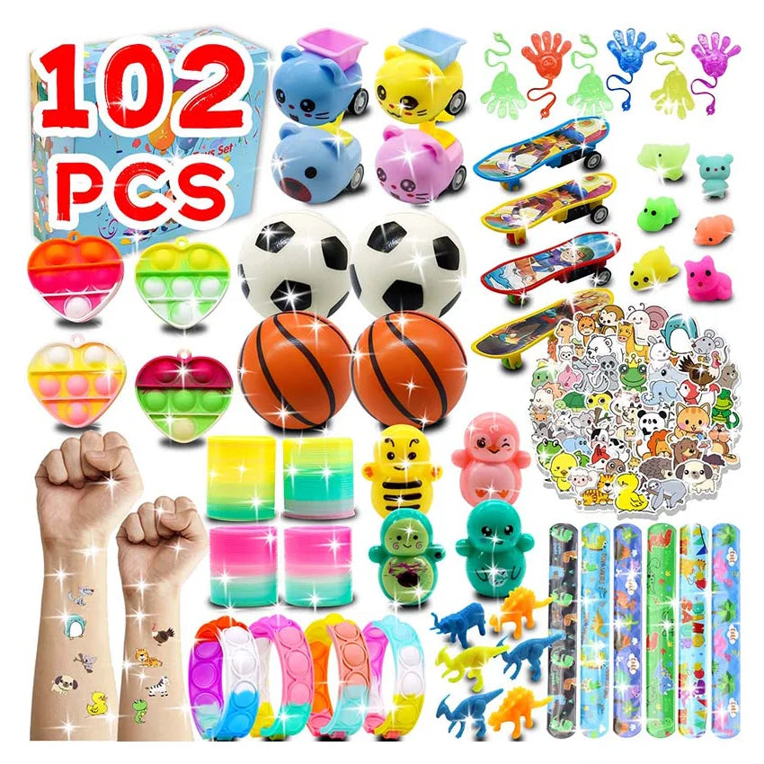 102pcs Kids Birthday Pinata Toys with Snap Bracelets Push Bubble Fidget Toy Carnival Prize Fun Gifts for Children