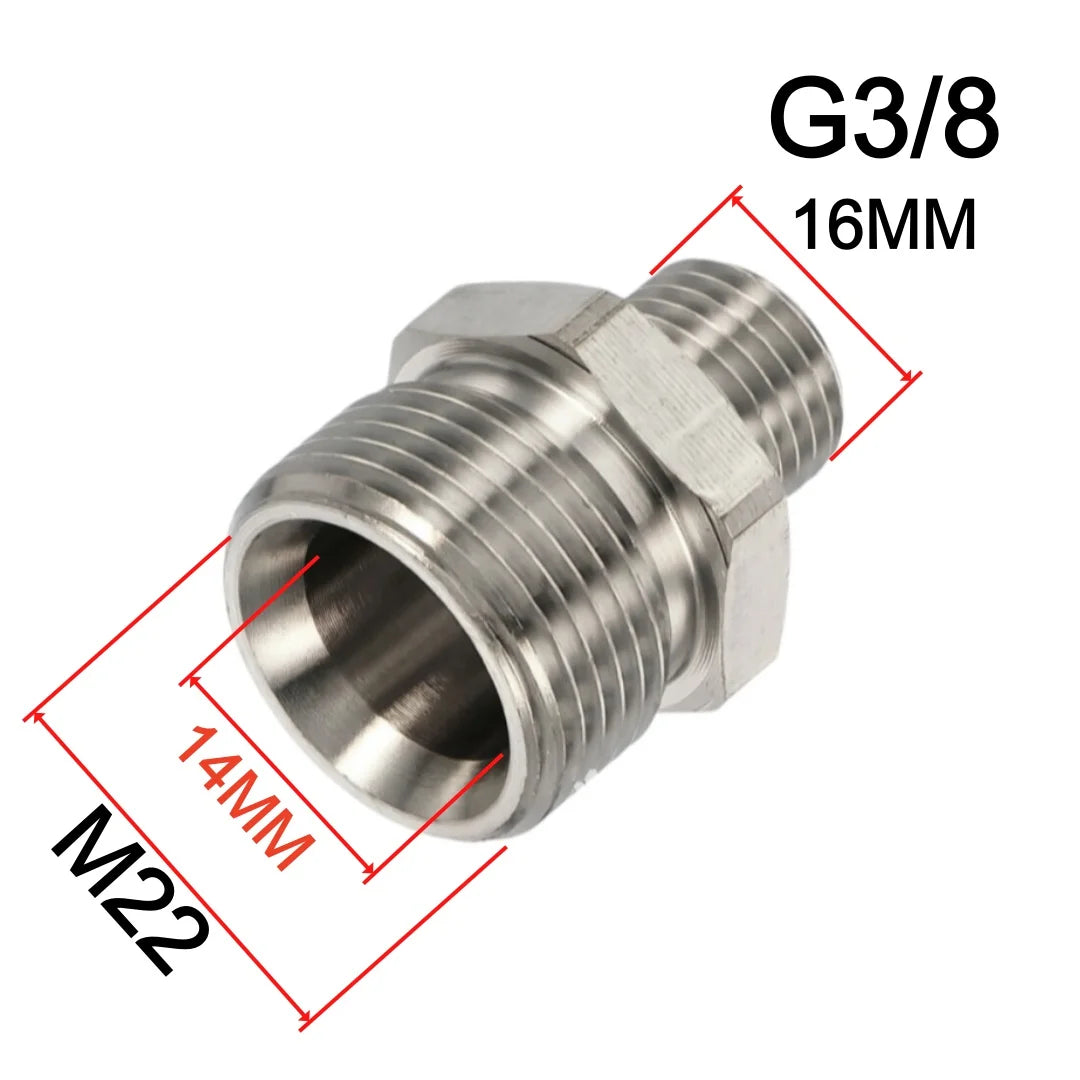 Stainless Steel Pressure Washer Coupling Adapter M22-14/15mm Male to G3/8 and G1/4 Male Thread Fitting 4500 PSI