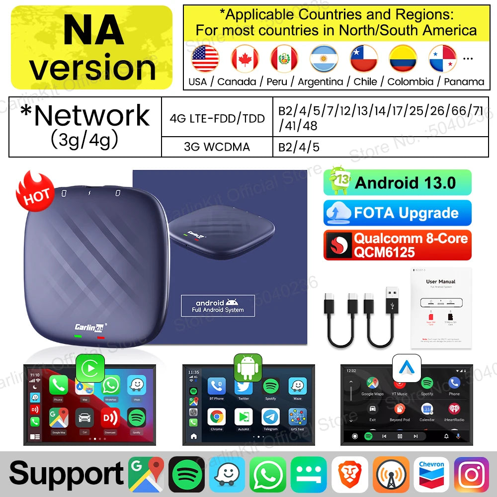 2026 CarlinKit CarPlay AI Box Android 13.0 SM6225 8-Cores Android Auto Wireless CarPlay Adapter 2.4+5GGPS 64G 128G FOTA Upgrade