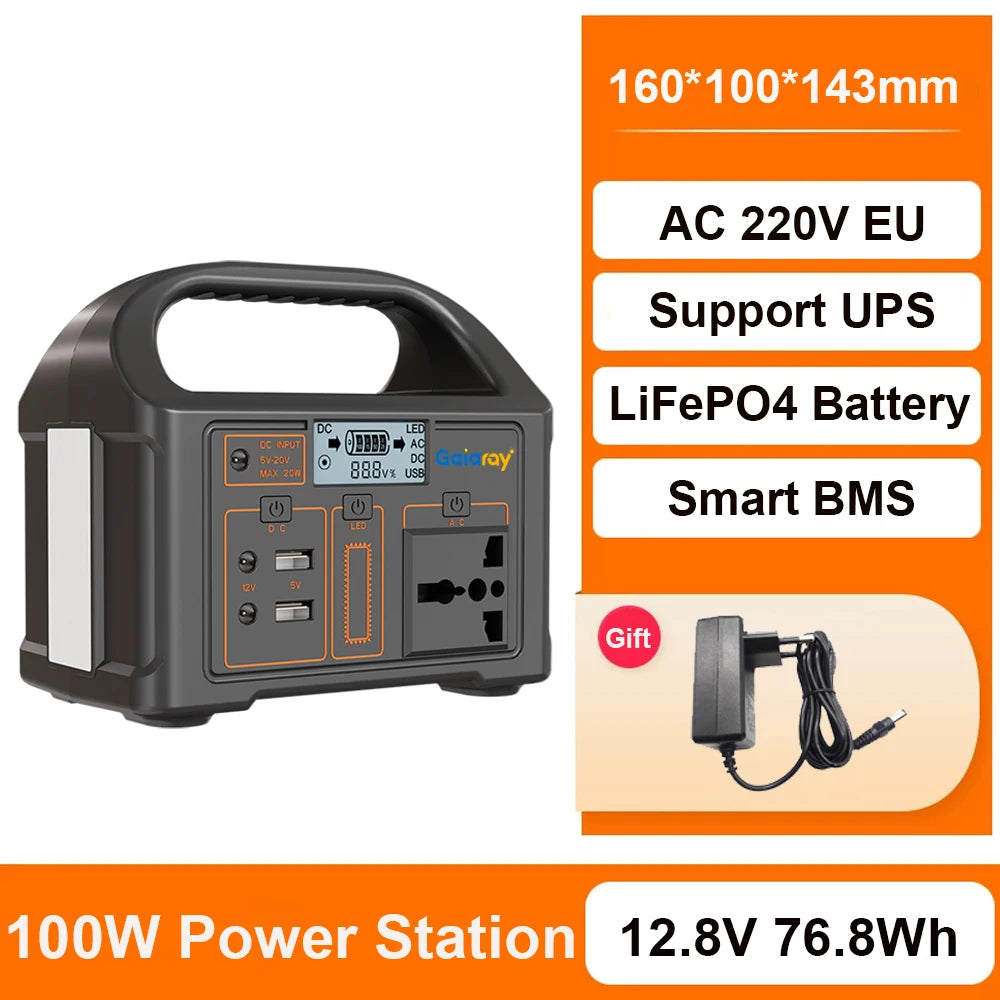 Gaiaray Portable Power Station 100W Solar Generator 76.8Wh LiFePO4 Battery Charging Station AC 220V 110V Power Bank For Camping
