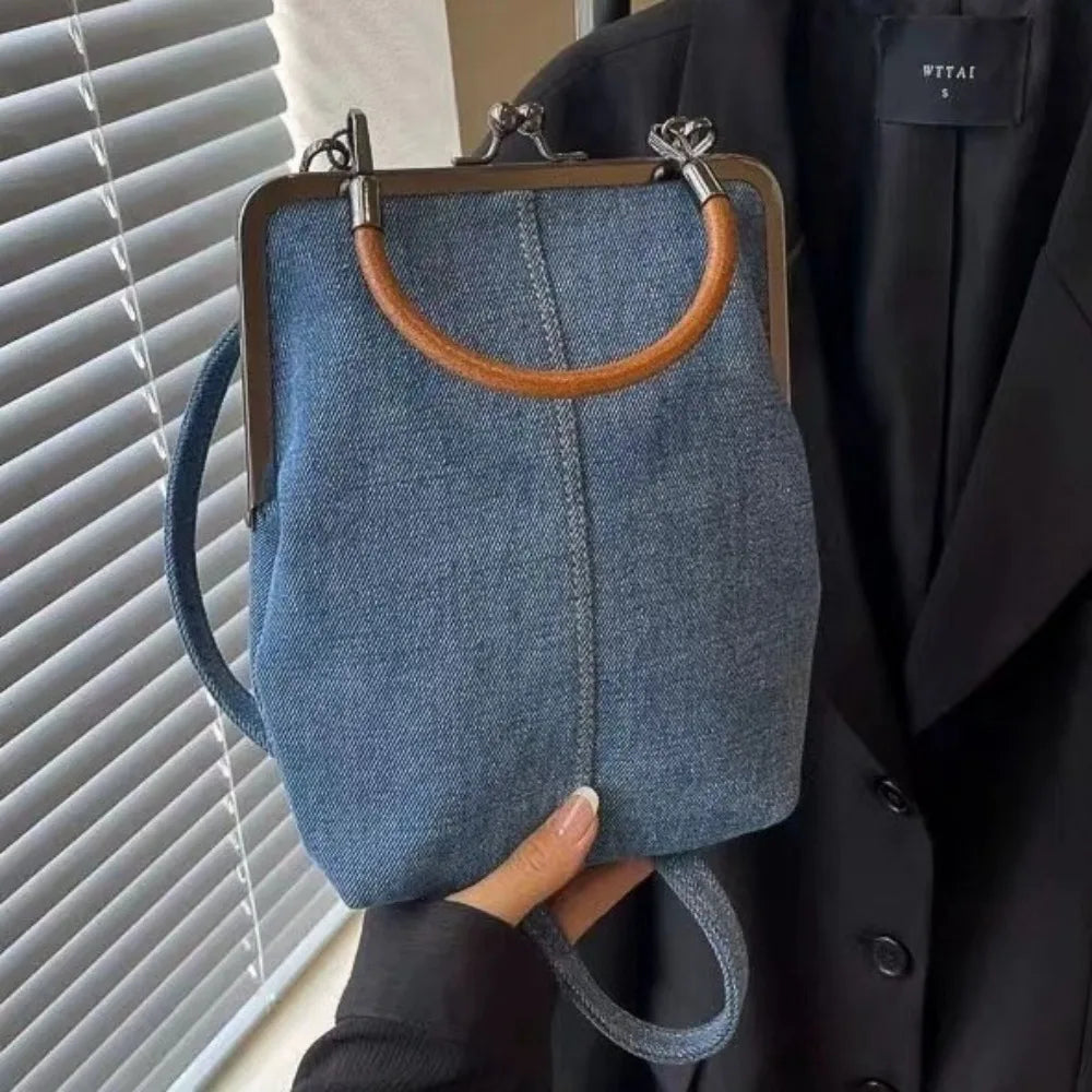 New Vintage Style Women Handbag Fashionable Navy Blue Designer Shoulder Bag Versatile Lady‘s Denim Purses Crossbody Bags