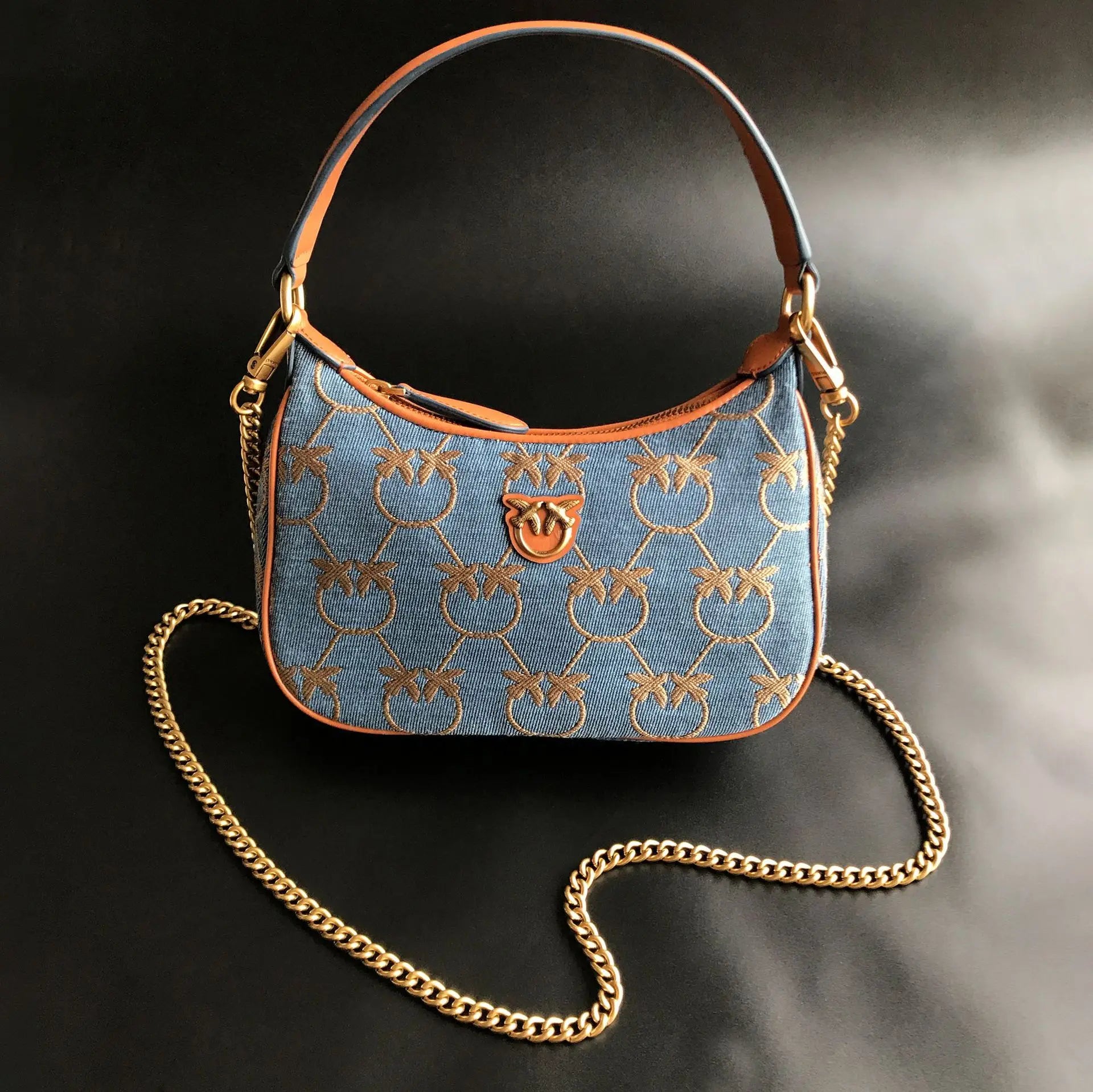 New arrivalpinko same style denim denim half moon armpit puff swallow bag mini pillow bag women's bag chain women's bag