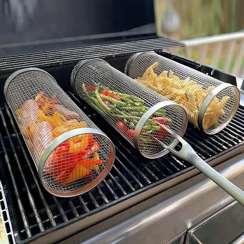 2pcs Rolling Grilling Baskets for Outdoor Grill Bbq Net Tube Stainless Steel Round Mesh Rotation Barbecue Cage Grill Accessories