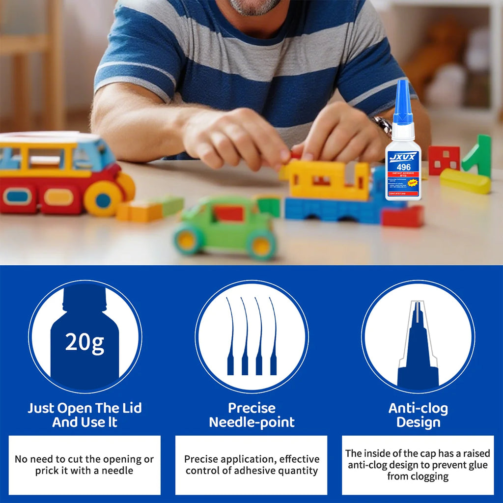 JXVX 496 Super Glue All-Purpose Liquid Glue extra strong Glue Tool 20g - Fast Drying Clear CA Adhesive for Metal,Plastic, Wood, Ceramic, Glass & DIY Repairs Easy Use.