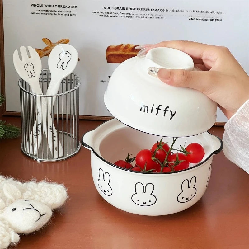 Kawaii Tableware Ceramic Rice Bowl with Lid Easy To Clean Household Use Instant Noodle Bowl Microwaveable Spoon Heating Miffy