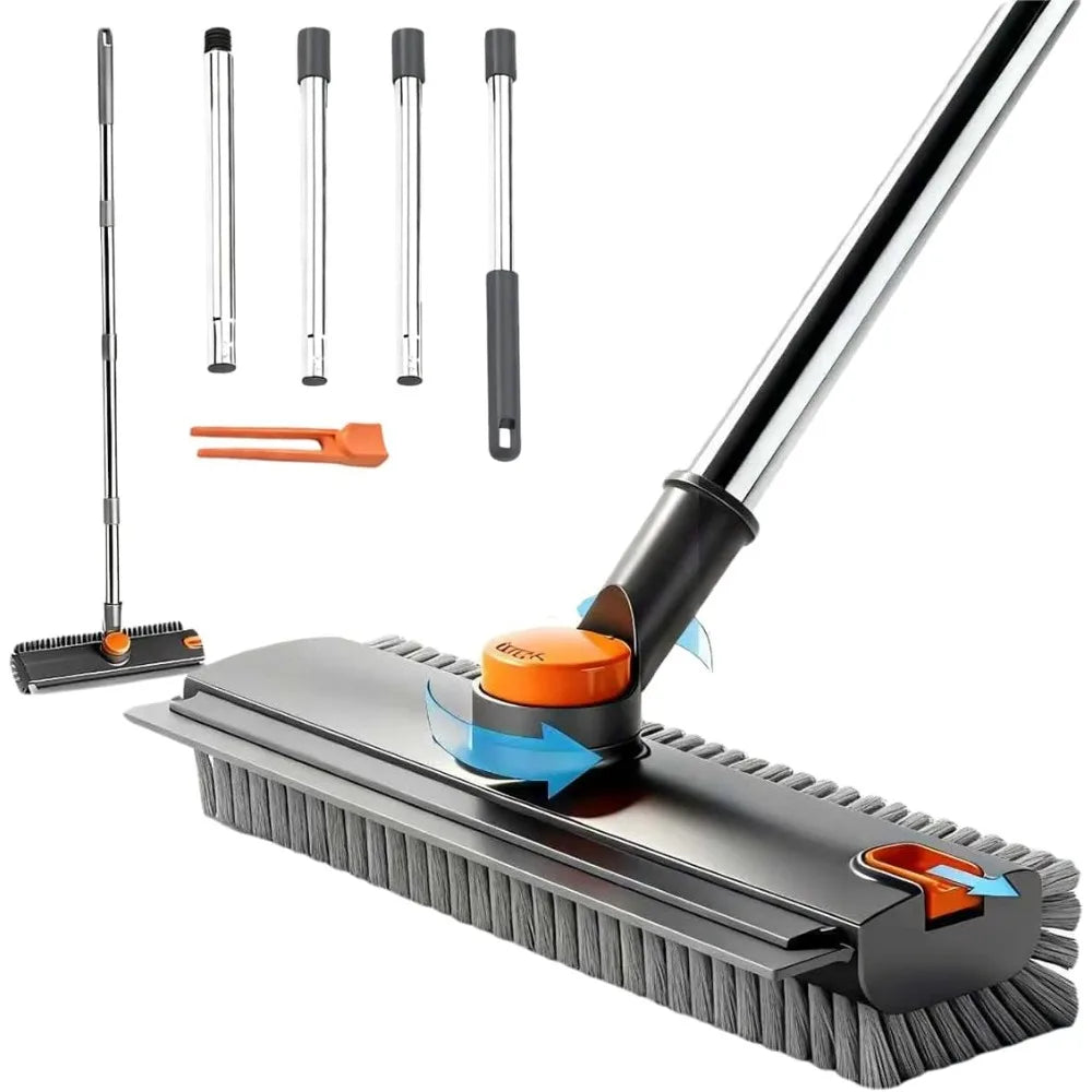 3 in 1 Floor Scrub Brush,Floor Scrubber with Squeegee and Tweezer, Push Broom with Long Handle,Heavy-Duty Stiff 90° Bristle Broom for Patio,Shower, Garage,Deck,Tile, Concrete & Wood Surface