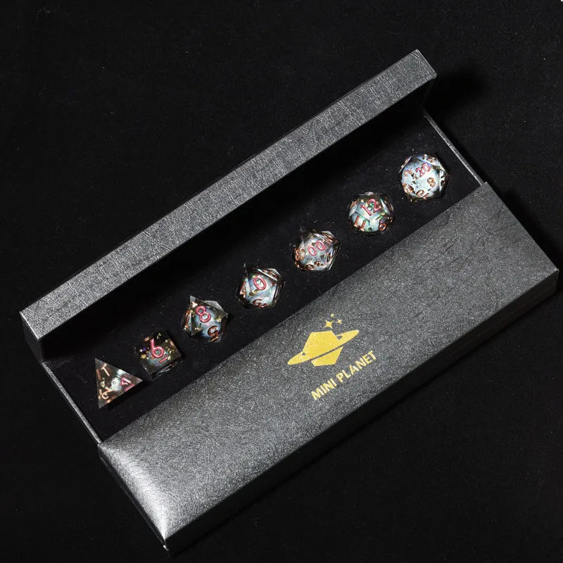 MINI PLANET Gold Sand Liquid Core Dice D&D Set Handmade Polyhedral Resin Dice With Sharp Edge For TRPG DND D6 D20 Dice Games