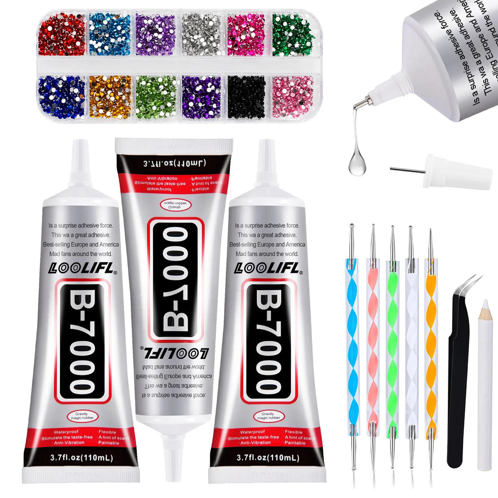 LOOLIFL 3 Pack 110ml B7000 Clear Glue, Multi-Purpose Adhesive with Rhinestones Kit, Precision Tips, Dotting Tools, Tweezers & Pencil for Bedazzling, Jewelry Making, Nail Art, Fabric, Shoes, Phone Repair & DIY Crafts