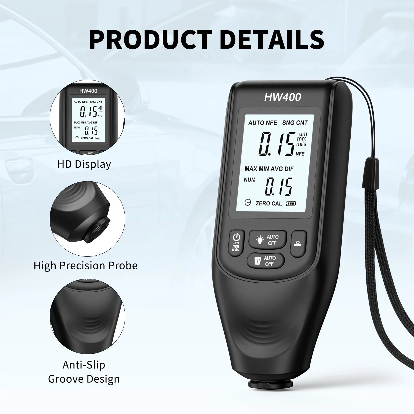 HW400 Car Paint Coating Thickness Tester Metal Electroplating Layer Thickness Measuring Tool 1PC