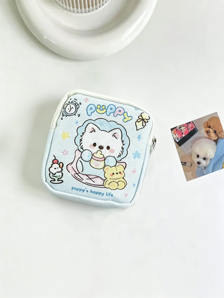 Cute Puppy Print Storage Pouch, Light Blue Handheld Organizer for Cosmetics, Cables, Coins, Travel Must-have