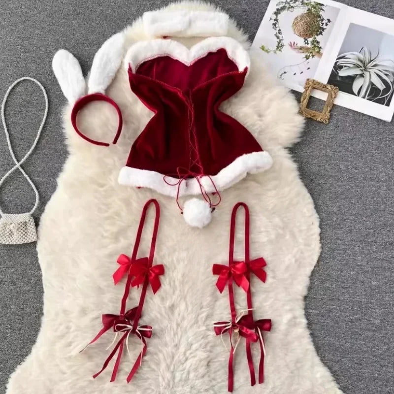 Sweet Bunny Lingerie Set Women Sexy Soft Plush Cute Bowknot Sweet Nightgowns Christmas Rabbit New