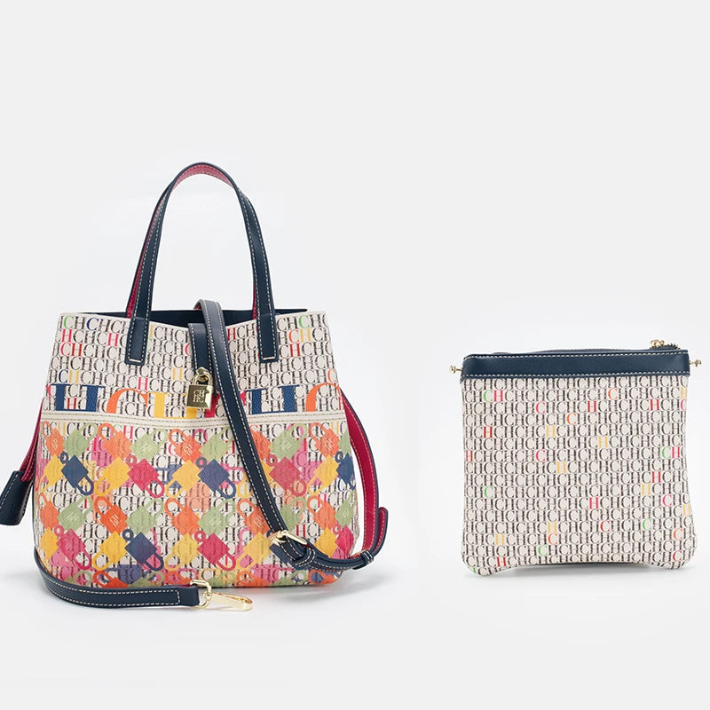 CH Letter Print Tote Bag Set 2 in 1 Large Capacity Women Handbag with Detachable Strap + Mini Clutch Casual Office Shopping Bag