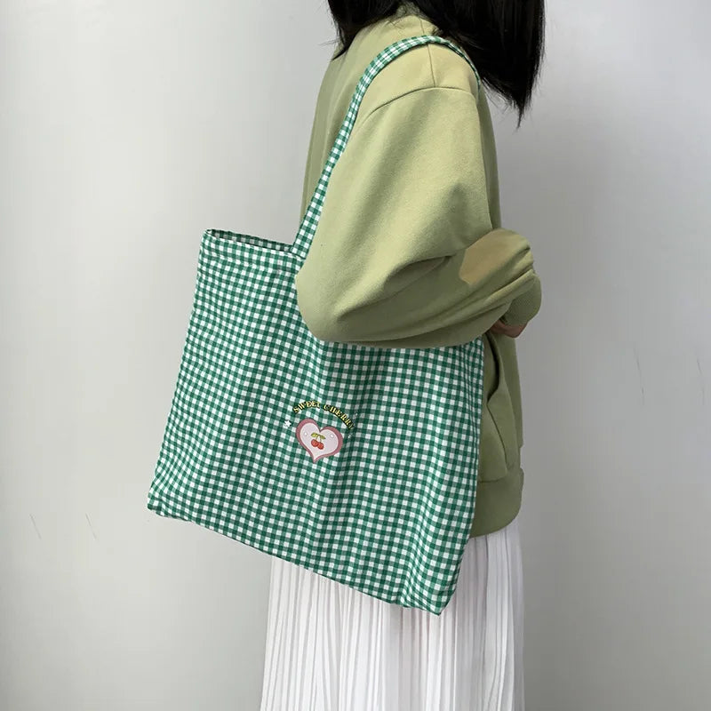Retro Plaid Women's Portable Shopping Bags Eco Reusable Female Cotton Tote Shoulder Bag College Girls Book Handbags with Zipper
