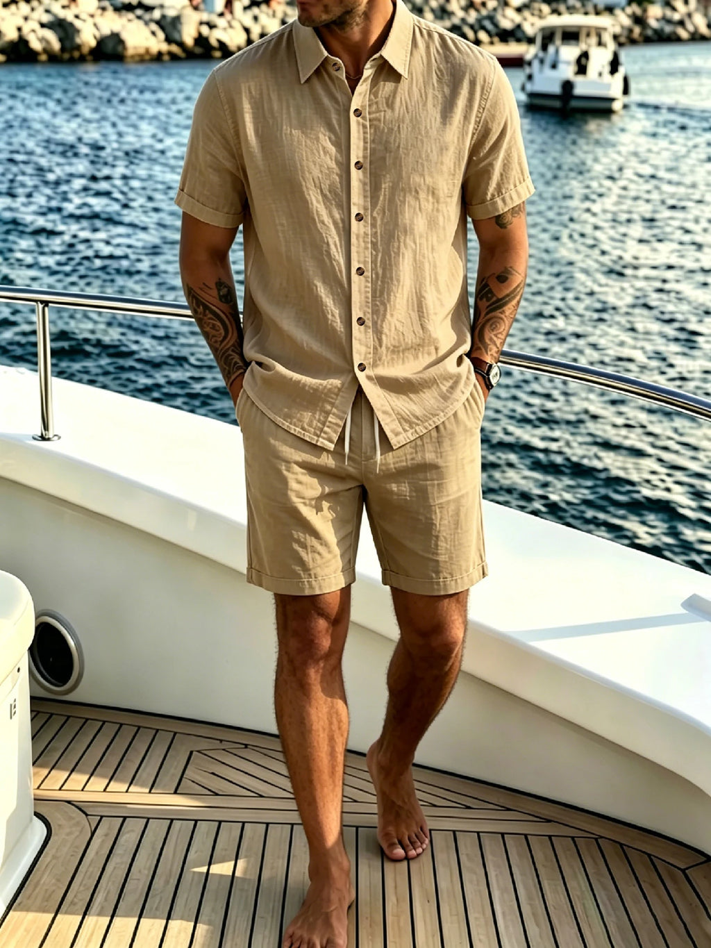 Men's Island Vacation Shirt & Shorts 2 Piece Set, Textured Breathable Fabric, Button Down Shirt & Drawstring Shorts for Yacht Tr