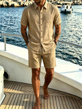 Men's Island Vacation Shirt & Shorts 2 Piece Set, Textured Breathable Fabric, Button Down Shirt & Drawstring Shorts for Yacht Tr